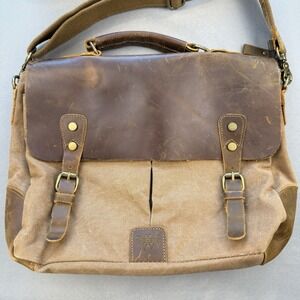WOWBOX Canvas Messenger Shoulder Bag Brown Leather Trim Padded Satchel